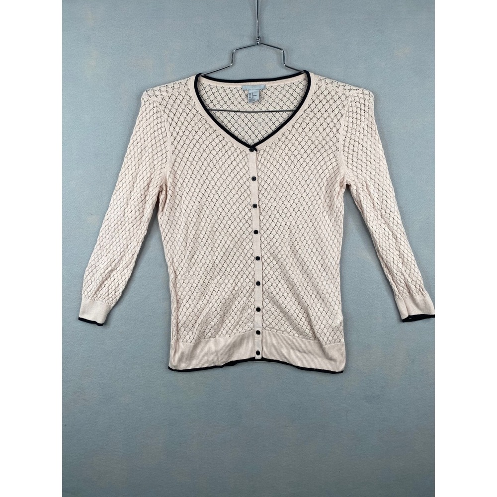 HM Womens Pointelle Knit Cardigan V-Neck 3/4 Sleeve Pink Contrast Trim Small